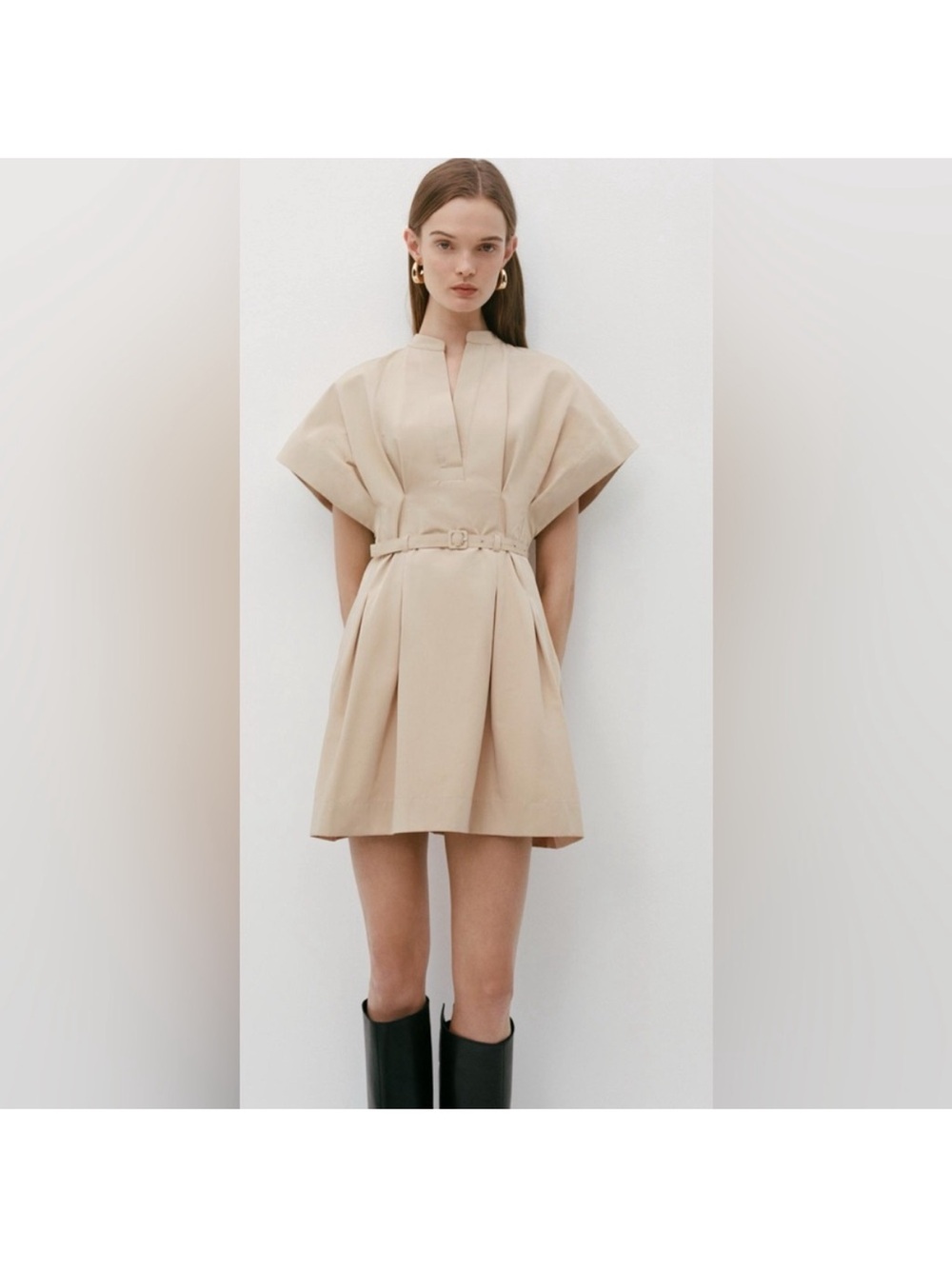 Zara Beige Short-Sleeve Belted Mini Dress